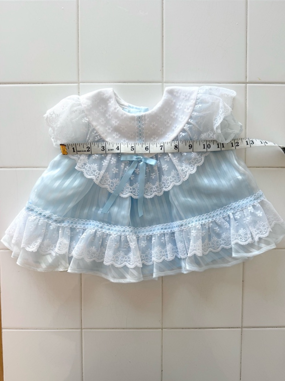 Vintage Baby Girls 6-9 Months Blue and White Lace Short Dress or Blouse Floral - Picture 12 of 12